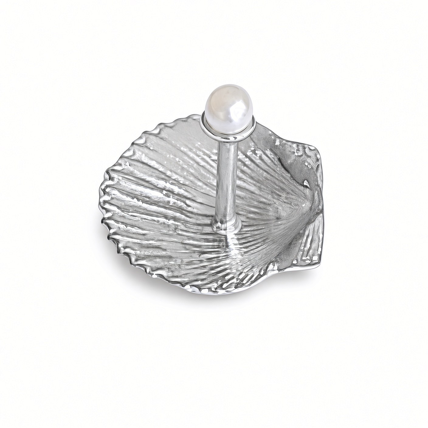 Pearl and shell ring holder in solid pewter, a scallop shell base with a faux pearl-topped post, white background