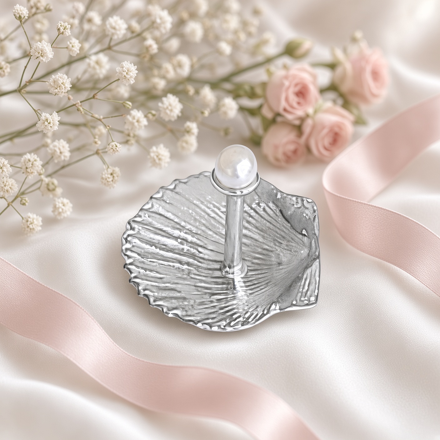 Pewter pearl and shell ring holder on white satin with baby's breath, pink roses and ribbon