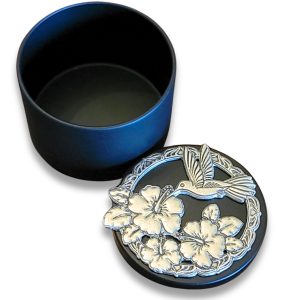 Lucina K Hummingbird & Hibiscus Pewter Medallion Tin Box - Handmade in USA, Lead-Free, Perfect Gift for Outdoor Weddings, Bridesmaids, Wife, Gardeners