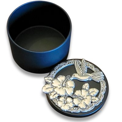 Lucina K Hummingbird & Hibiscus Pewter Medallion Tin Box - Handmade in USA, Lead-Free, Perfect Gift for Outdoor Weddings, Bridesmaids, Wife, Gardeners