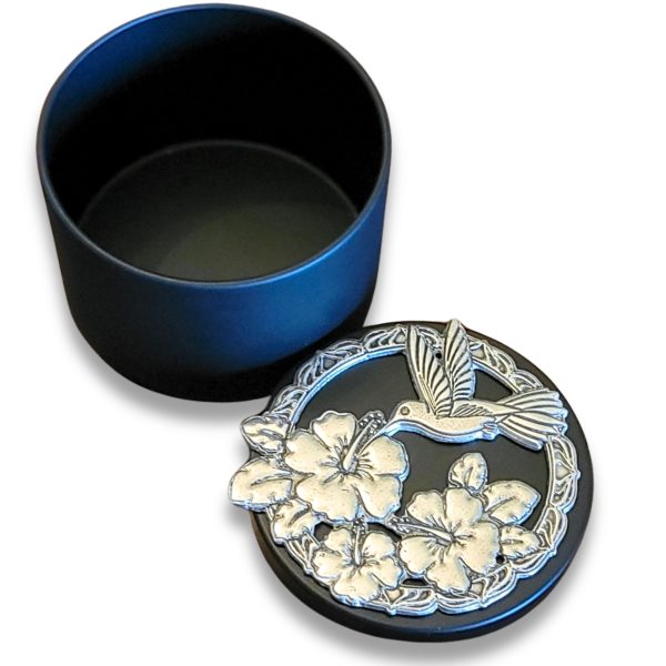 Lucina K Hummingbird & Hibiscus Pewter Medallion Tin Box - Handmade in USA, Lead-Free, Perfect Gift for Outdoor Weddings, Bridesmaids, Wife, Gardeners