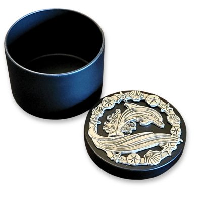 Lucina K - Dolphin & Seashell Pewter Medallion Box - Handmade in USA with included Artist Card, Gift for Beach Weddings, Shell Collectors
