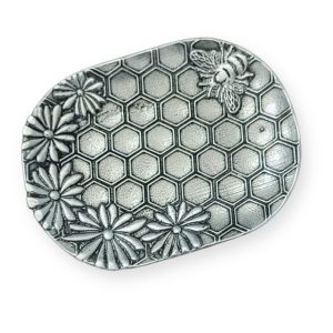Honey Bee Jewelry Tray Ring Dish - Fine Pewter Made in USA - Honeycomb & Flower Design Gift for Weddings, Nature Lovers, Bee Keepers