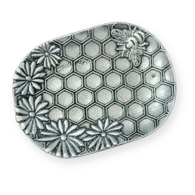 Honey Bee Jewelry Tray Ring Dish - Fine Pewter Made in USA - Honeycomb & Flower Design Gift for Weddings, Nature Lovers, Bee Keepers