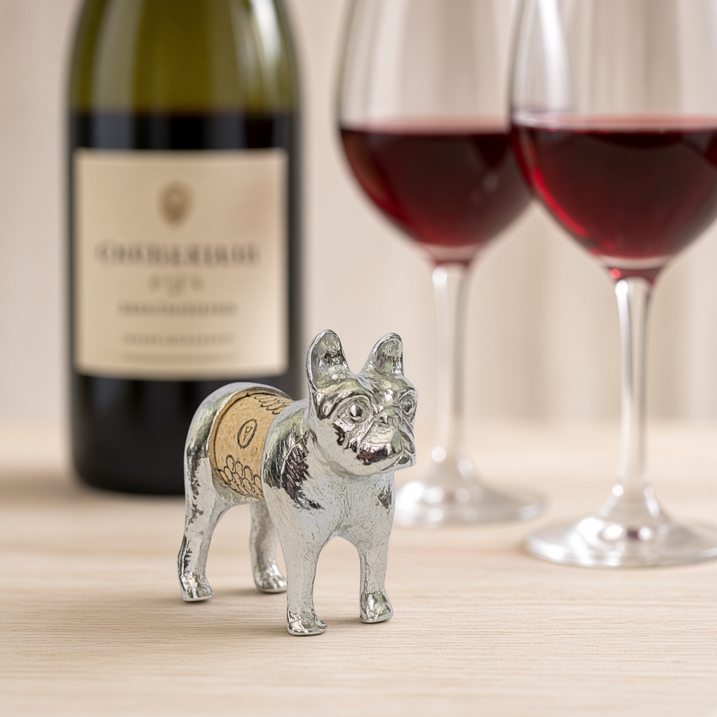 Lucina K Frenchie Cork Pet, a solid pewter French Bulldog with tall bat ears holding a wine cork, beside a wine bottle and two glasses of red wine