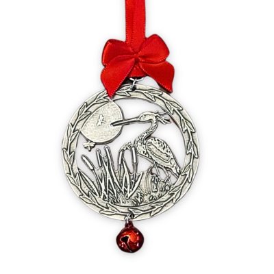 Heron Egret Bird Ornament with Cattails and Dragonflies - Fine Pewter, Lead-Free, Handmade in USA - Unique Christmas Gift for Nature Lovers, Teachers, Weddings by Lucina K
