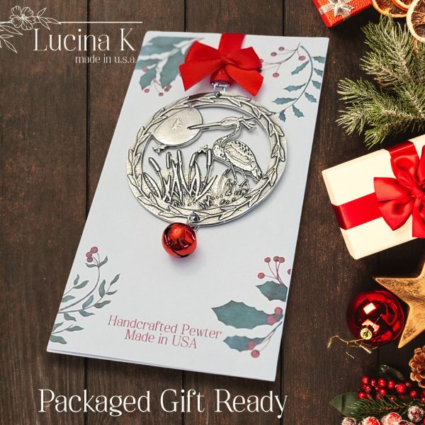 Heron Egret Bird Ornament with Cattails and Dragonflies - Fine Pewter, Lead-Free, Handmade in USA - Unique Christmas Gift for Nature Lovers, Teachers, Weddings by Lucina K