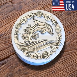 Lucina K - Dolphin & Seashell Pewter Medallion Box - Handmade in USA with included Artist Card, Gift for Beach Weddings, Shell Collectors