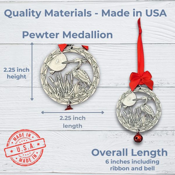 Heron Egret Bird Ornament with Cattails and Dragonflies - Fine Pewter Made in USA - Image 6