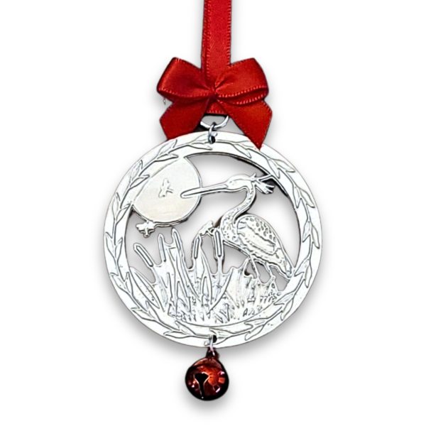 Heron Egret Bird Ornament with Cattails and Dragonflies - Fine Pewter, Lead-Free, Handmade in USA - Unique Christmas Gift for Nature Lovers, Teachers, Weddings by Lucina K