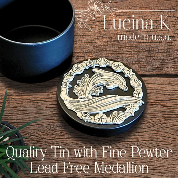 Lucina K - Dolphin & Seashell Pewter Medallion Box - Handmade in USA with included Artist Card, Gift for Beach Weddings, Shell Collectors