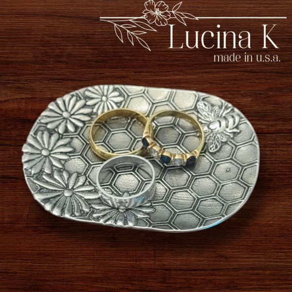 Honey Bee Jewelry Tray Ring Dish - Fine Pewter Made in USA - Honeycomb & Flower Design Gift for Weddings, Nature Lovers, Bee Keepers