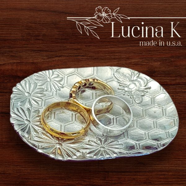 Honey Bee Jewelry Tray Ring Dish - Fine Pewter Made in USA - Honeycomb & Flower Design Gift for Weddings, Nature Lovers, Bee Keepers