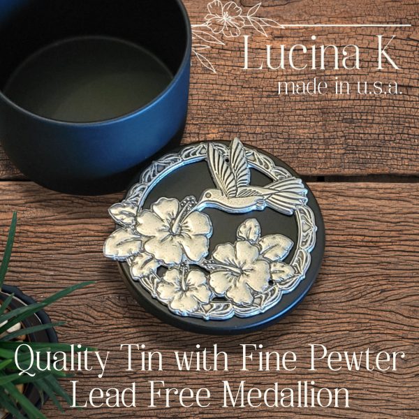 Lucina K Hummingbird & Hibiscus Pewter Medallion Tin Box - Handmade in USA, Lead-Free, Perfect Gift for Outdoor Weddings, Bridesmaids, Wife, Gardeners