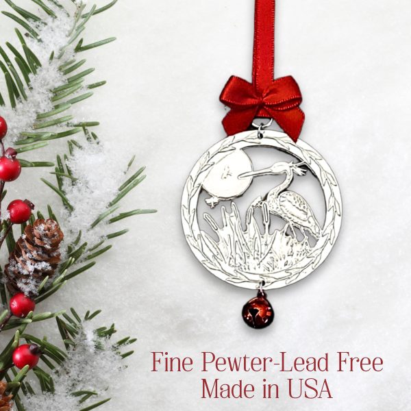 Heron Egret Bird Ornament with Cattails and Dragonflies - Fine Pewter, Lead-Free, Handmade in USA - Unique Christmas Gift for Nature Lovers, Teachers, Weddings by Lucina K