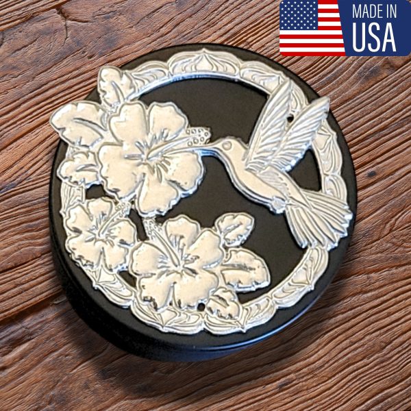 Lucina K Hummingbird & Hibiscus Pewter Medallion Tin Box - Handmade in USA, Lead-Free, Perfect Gift for Outdoor Weddings, Bridesmaids, Wife, Gardeners
