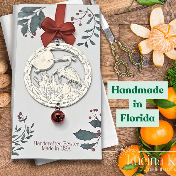 Heron Egret Bird Ornament with Cattails and Dragonflies - Fine Pewter Made in USA - Image 7