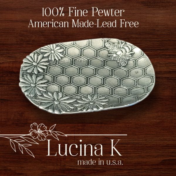 Honey Bee Jewelry Tray Ring Dish - Fine Pewter Made in USA - Honeycomb & Flower Design Gift for Weddings, Nature Lovers, Bee Keepers