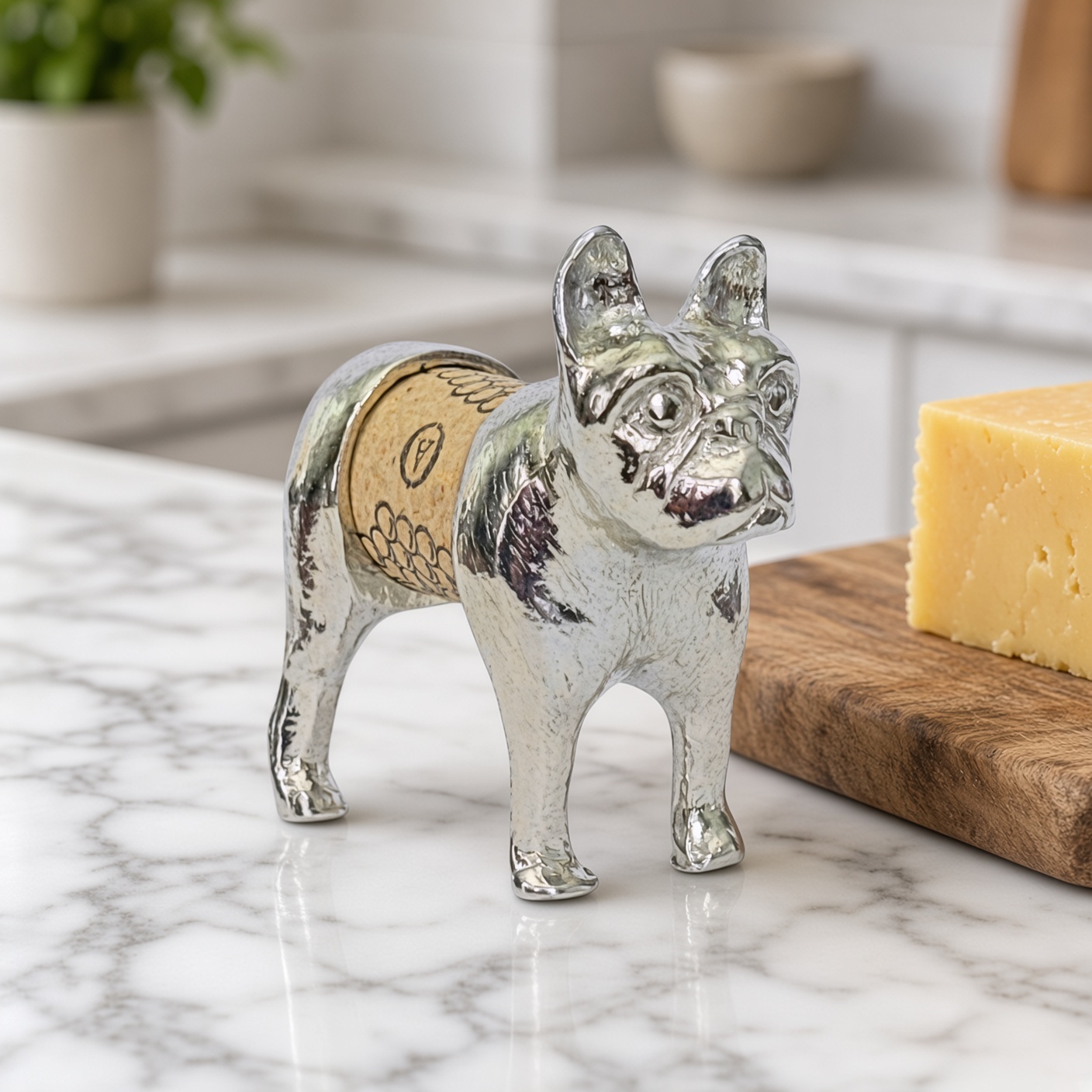 Frenchie Cork Pet in solid pewter on a white marble counter beside a wedge of cheese on a wooden board