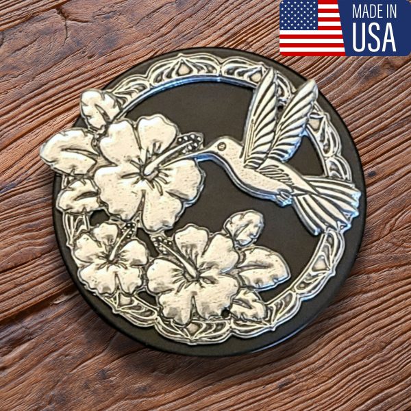 Lucina K Hummingbird & Hibiscus Pewter Medallion Tin Box - Handmade in USA, Lead-Free, Perfect Gift for Outdoor Weddings, Bridesmaids, Wife, Gardeners