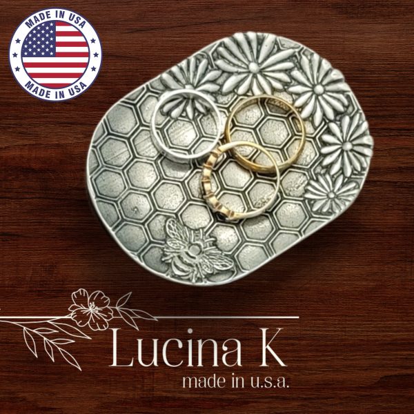 Honey Bee Jewelry Tray Ring Dish - Fine Pewter Made in USA - Honeycomb & Flower Design Gift for Weddings, Nature Lovers, Bee KeepersHoney Bee Jewelry Tray Ring Dish - Fine Pewter Made in USA - Honeycomb & Flower Design Gift for Weddings, Nature Lovers, Bee Keepers
