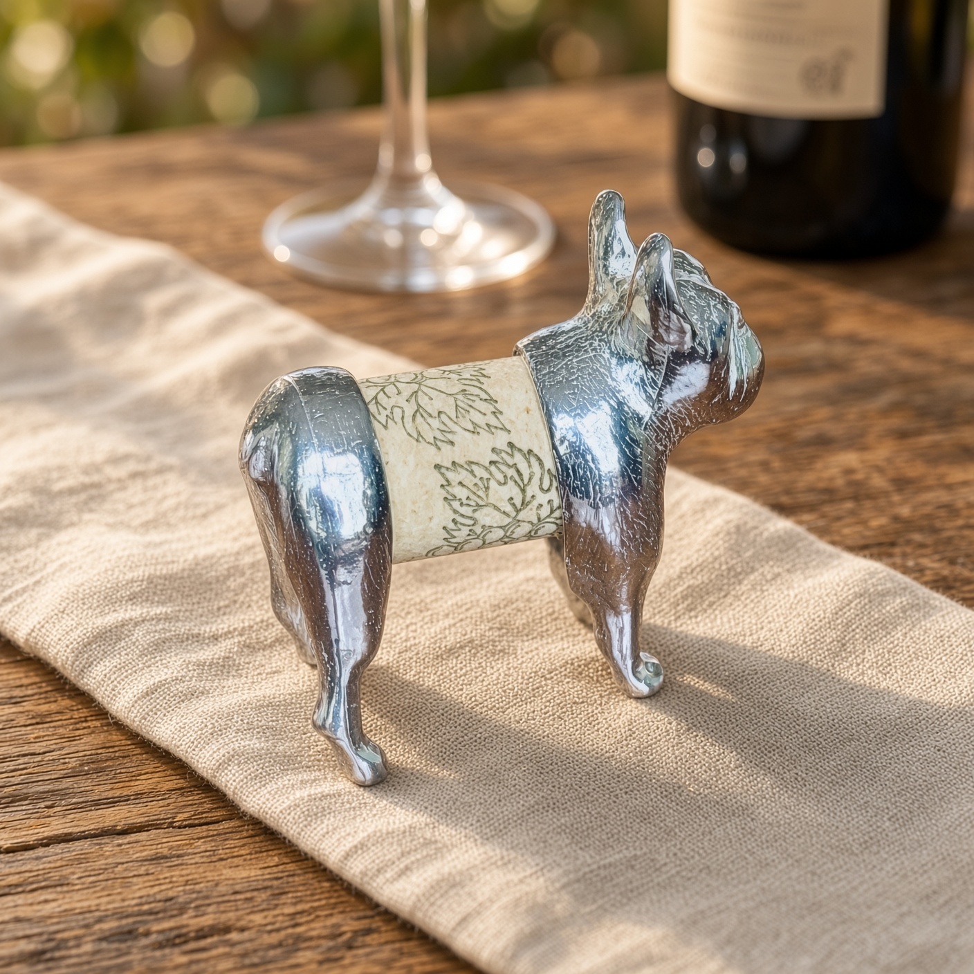 Frenchie Cork Pet in solid pewter on a cream linen runner on a rustic wooden table with wine