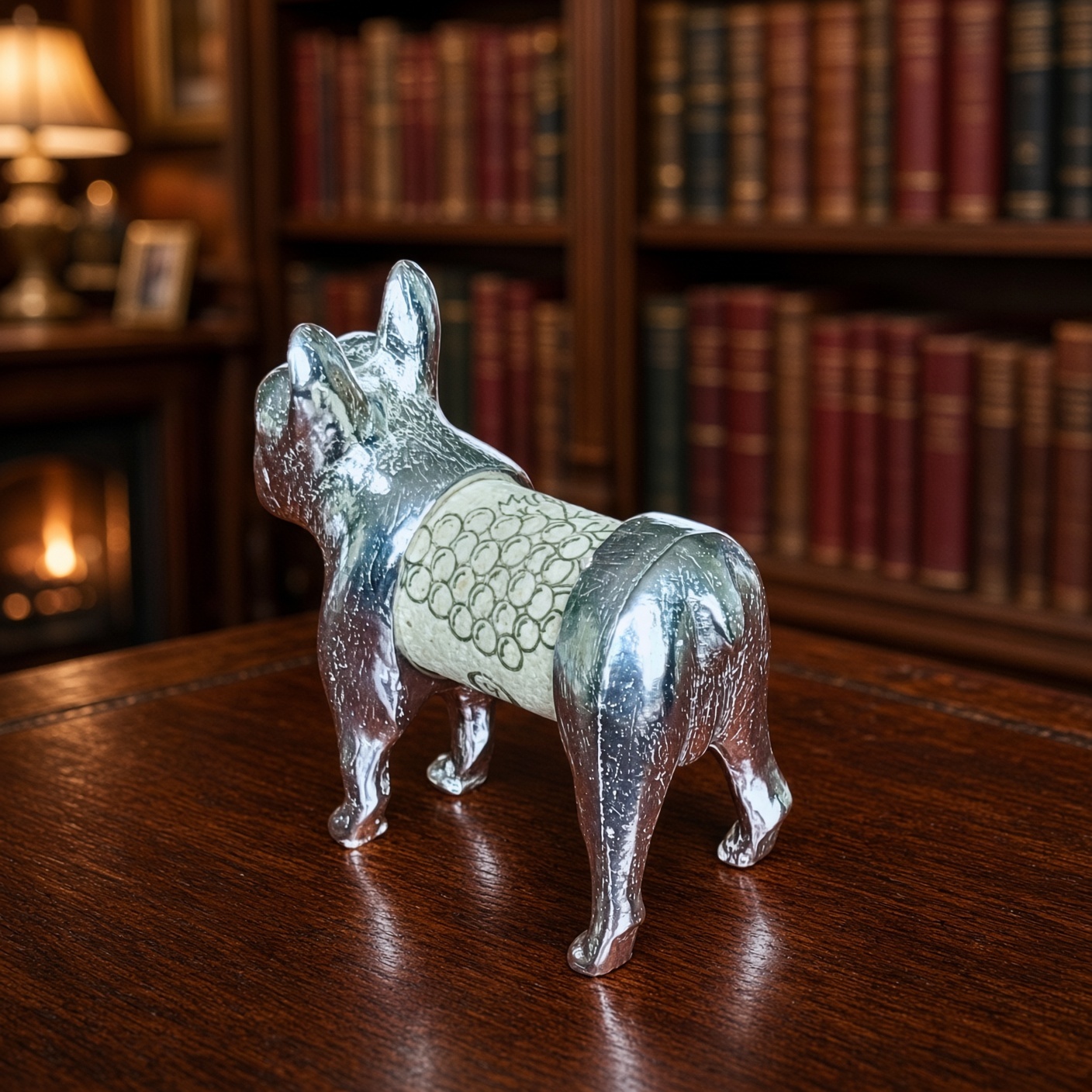 Frenchie Cork Pet in solid pewter on a dark wood table in a library with bookshelves and a glowing fireplace