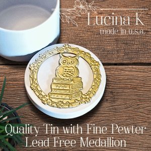 Lucina K - Wise Owl Pewter Medallion Box - Handmade in USA with included Artist Card, Lead-Free, Gift for Outdoor Weddings, Wife,