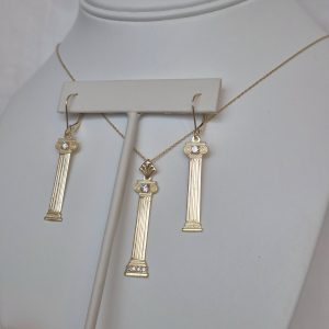 14K Column Earrings and Necklace with Diamonds