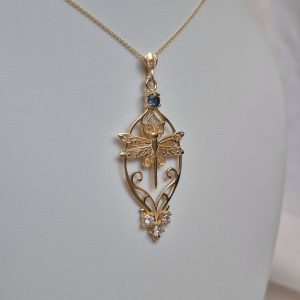 Dragonfly Necklace 14K with Diamonds and Topaz