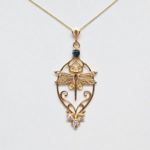 Dragonfly Necklace 14K with Diamonds and Topaz