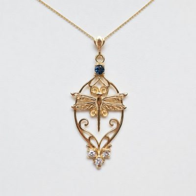 Dragonfly Necklace 14K with Diamonds and Topaz