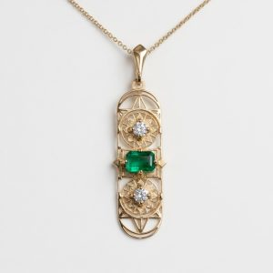 Long Deco Pendant with Emerald and Diamonds in 14K