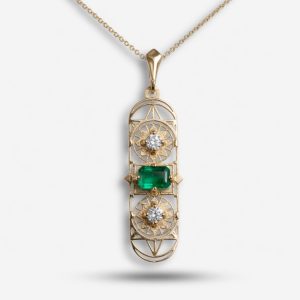 Long Deco Pendant with Emerald and Diamonds in 14K
