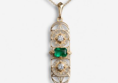 Long Deco Pendant with Emerald and Diamonds in 14K
