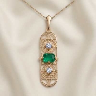 Long Deco Pendant with Emerald and Diamonds in 14K
