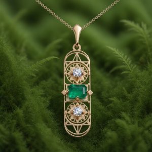 Long Deco Pendant with Emerald and Diamonds in 14K