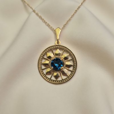 Round Deco Necklace in 14K with London Blue Topaz