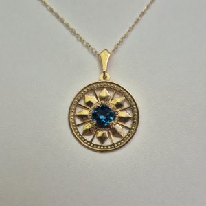 Round Deco Necklace in 14K with London Blue Topaz