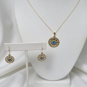 Round Deco Necklace and Earrings in 14K with London Blue Topaz