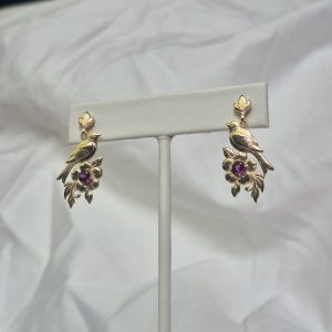 14K Bird Flower Earrings with Rhodolite