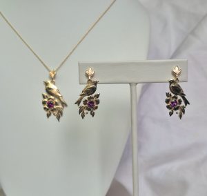 14K Bird Flower Necklace and Earrings with Rhodolite