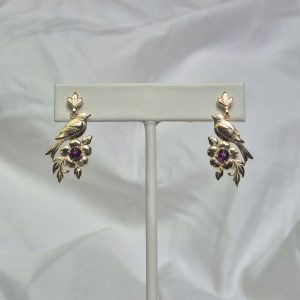 14K Bird Flower Earrings with Rhodolite