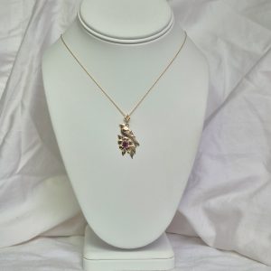 14K Bird Flower Necklace with Rhodolite