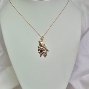14K Bird Flower Necklace with Rhodolite