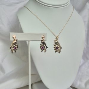 14K Bird Flower Necklace and Earrings with Rhodolite
