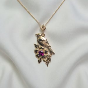 14K Bird Flower Necklace with Rhodolite
