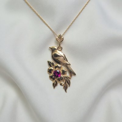 14K Bird Flower Necklace with Rhodolite