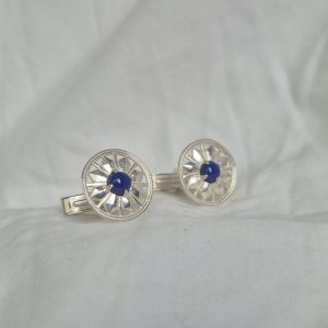 Round Deco Cufflinks with Lapis in Sterling Silver