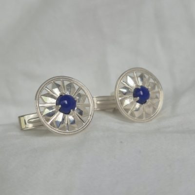 Round Deco Cufflinks with Lapis in Sterling Silver